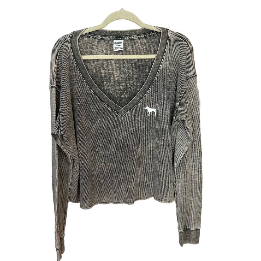 Victoria's Secret Pink Waffle Knit Top Tee Medium Taupe Gray Cropped Long Sleeve